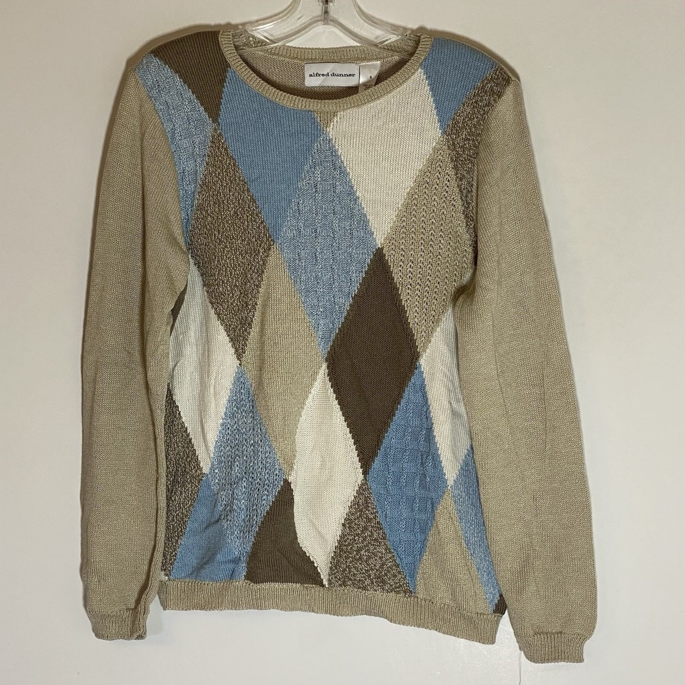 Alfred Dunner Sweater Womens Small Tan Multi Argyle Pullover Grannycore 90s Y2K